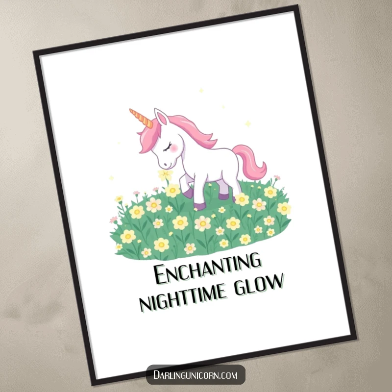 Funny unicorn gently nuzzling a field of luminous moonflowers in a serene and magical digital art print.
