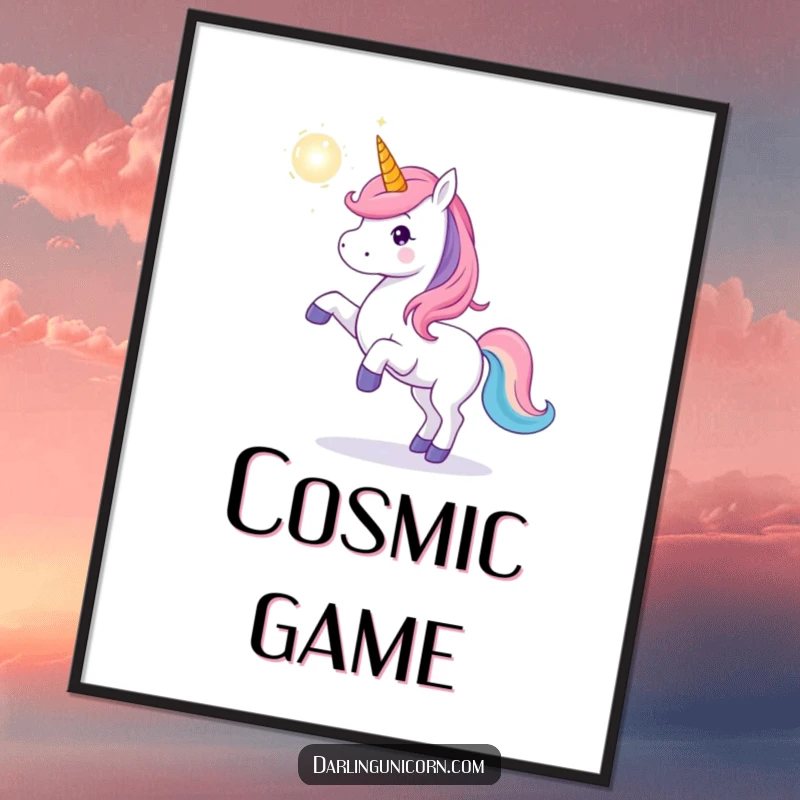 Funny unicorn digital art print of a unicorn playfully tossing a radiant magical orb, perfect for instant whimsical and enchanting wall decor.