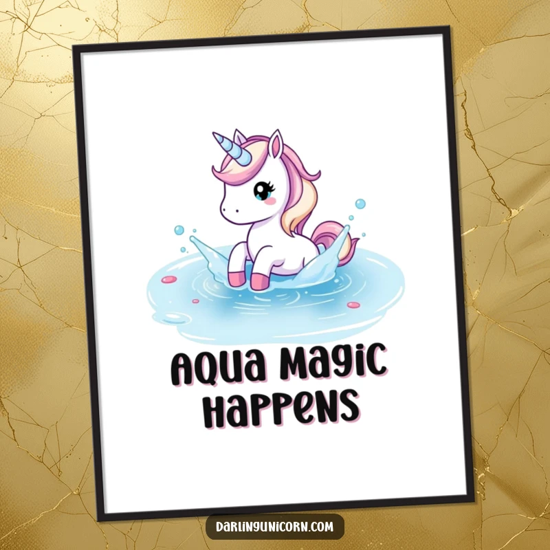 Funny digital art print of a unicorn playfully splashing in a crystal clear pond, creating a refreshing and joyful scene.