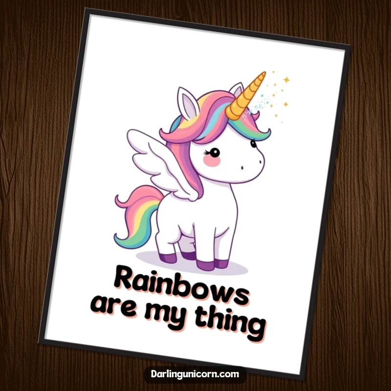 Funny digital art print of a unicorn with dazzling rainbow wings, playfully blowing glitter from its horn, creating a magical scene.