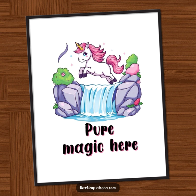 Funny digital art print of a unicorn dynamically leaping over a glistening waterfall, perfect for instant magical wall decoration.