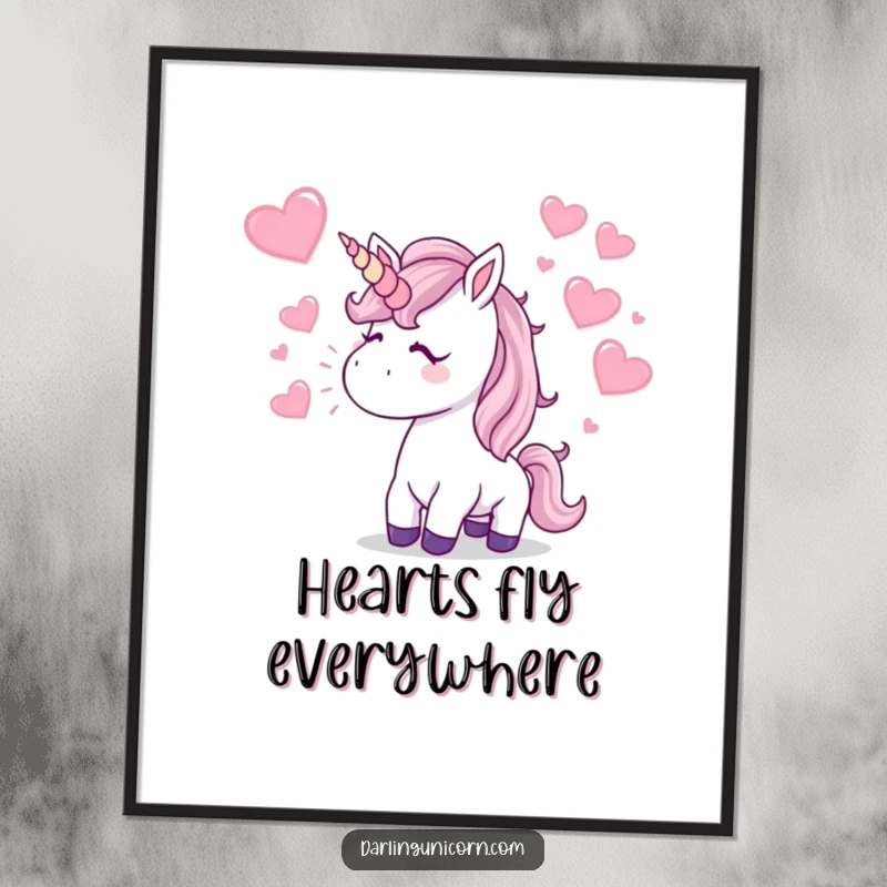 Funny Digital Art Print: A unicorn blows a kiss, sending sparkling hearts flying, creating a humorous and romantic piece of art.