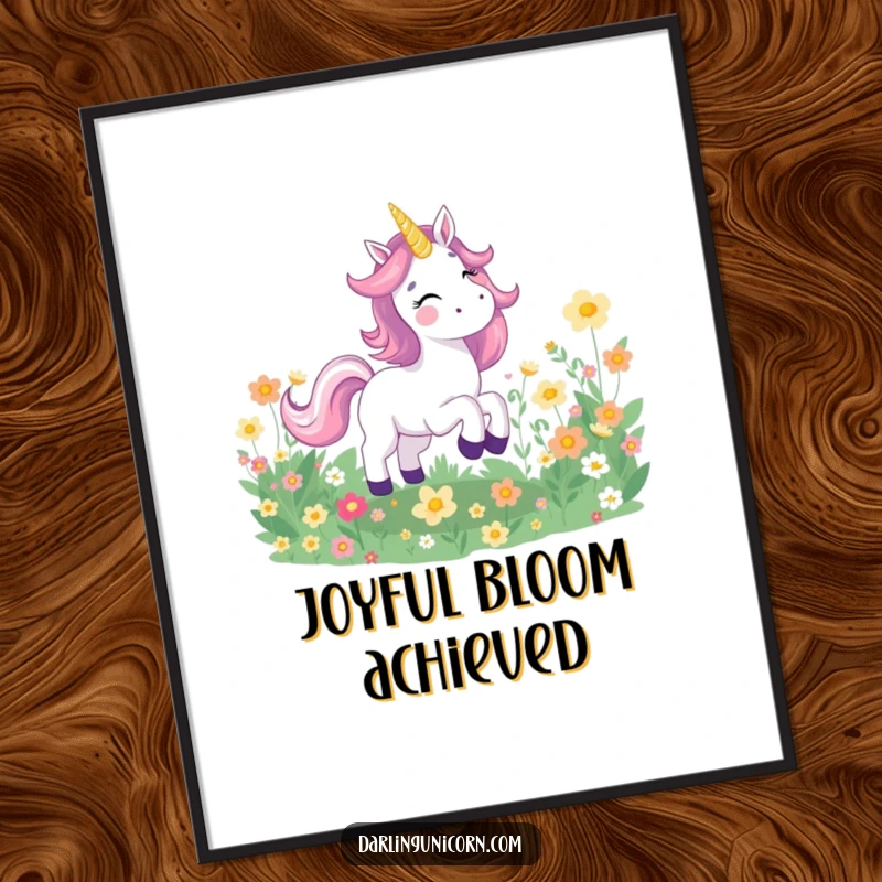Funny digital art print of a joyful unicorn galloping through a field of luminous flowers, radiating happiness and magical charm.