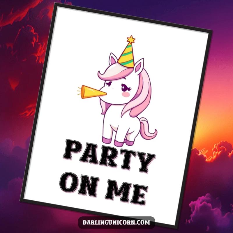 Funny digital art print of a unicorn in a party hat blowing a party horn, capturing festive joy for instant decor.