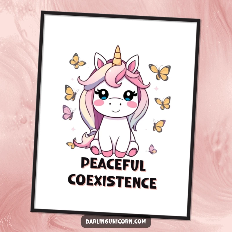 Funny unicorn digital art print of a contented unicorn smiling peacefully surrounded by friendly butterflies, perfect for instant happy and serene wall decor.