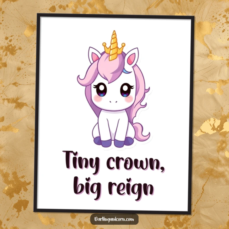 Funny digital art print of a gentle unicorn with wide eyes balancing a tiny crown on its horn, radiating sweet majesty.