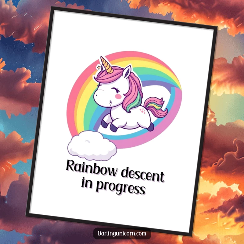 Funny digital art print of a playful unicorn sliding down a vibrant rainbow with a cheerful whoop, bringing energetic joy and color.