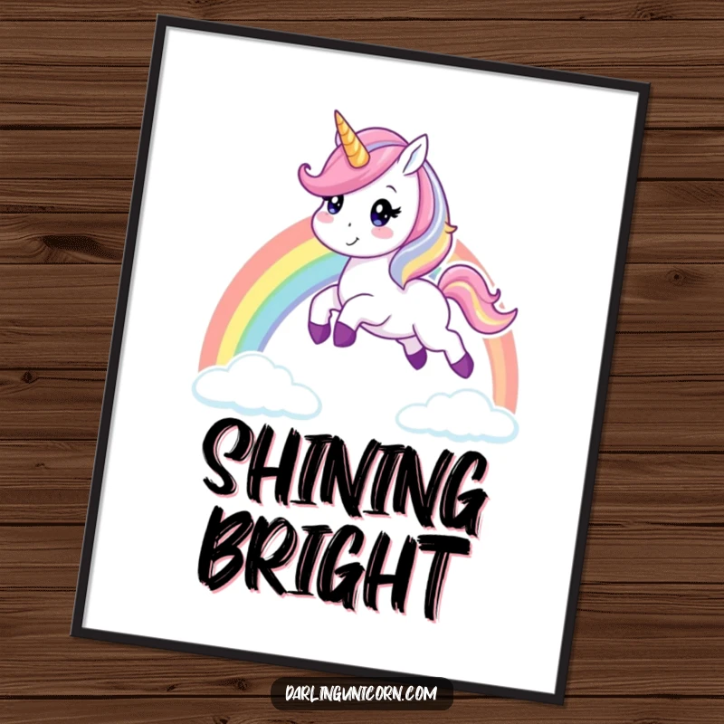 Funny unicorn digital art print of a cheerful unicorn leaping energetically over a vibrant rainbow, perfect for instant magical and happy wall decor.