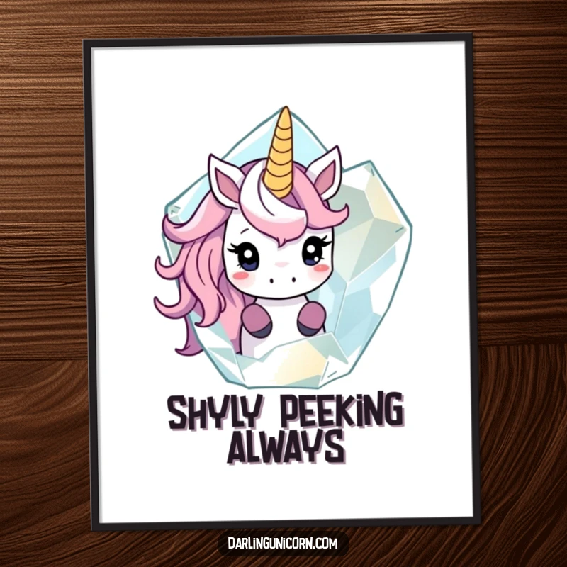 Funny digital art print of a shy unicorn peeking out from behind a large, translucent crystal, creating a sense of magical wonder.