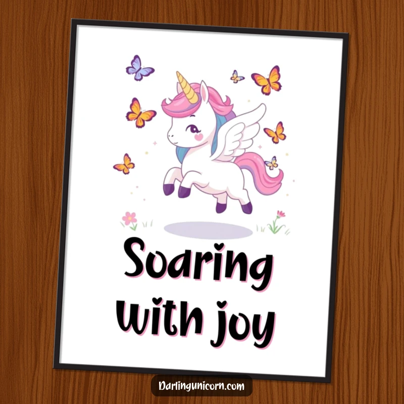 Funny digital art print of a winged unicorn playfully chasing butterflies, capturing whimsical magic for instant decor.