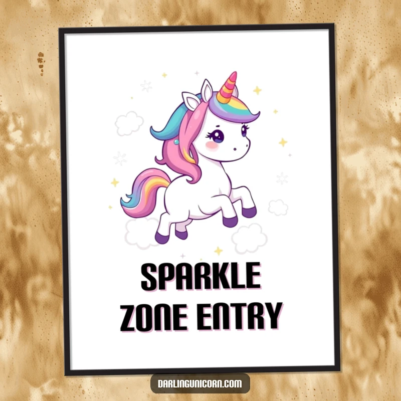 Funny Kawaii Unicorn Digital Art Print: A delightful unicorn with a rainbow mane gallops through sparkling clouds, radiating pure joy.