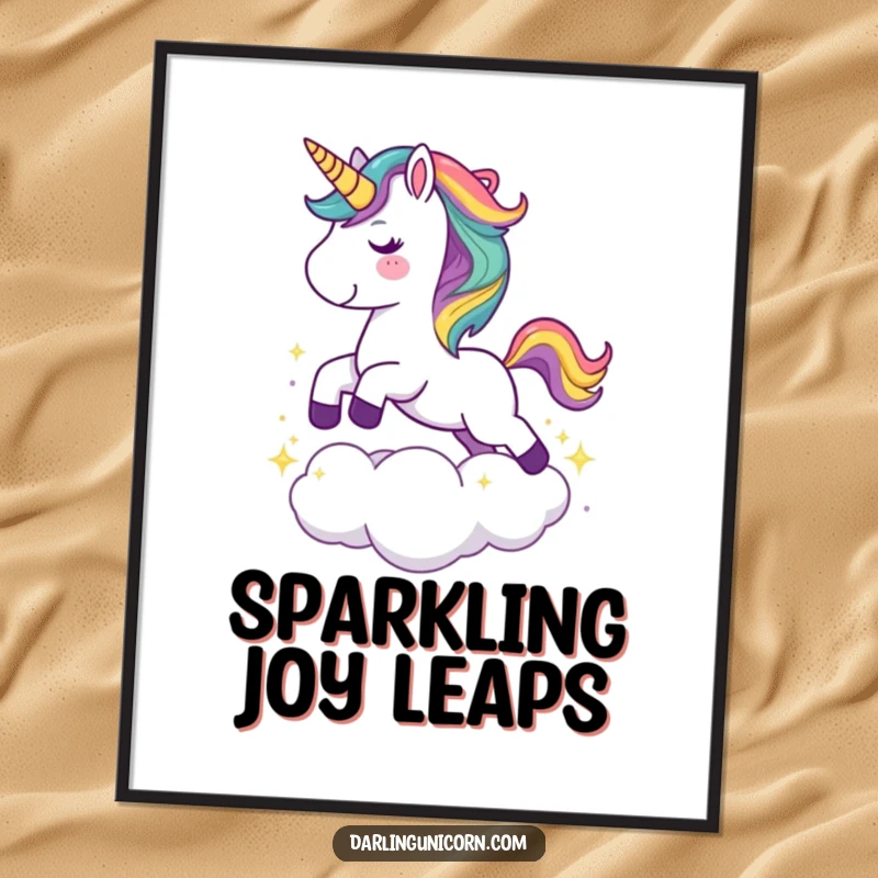 Funny digital art print of a cute unicorn with a rainbow mane joyfully leaping over a sparkling cloud, bringing whimsical charm.