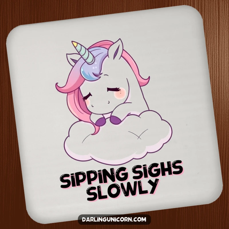 Funny coaster featuring a unicorn nuzzling a cloud with a contented sigh, protecting surfaces with a touch of whimsical, peaceful magic.