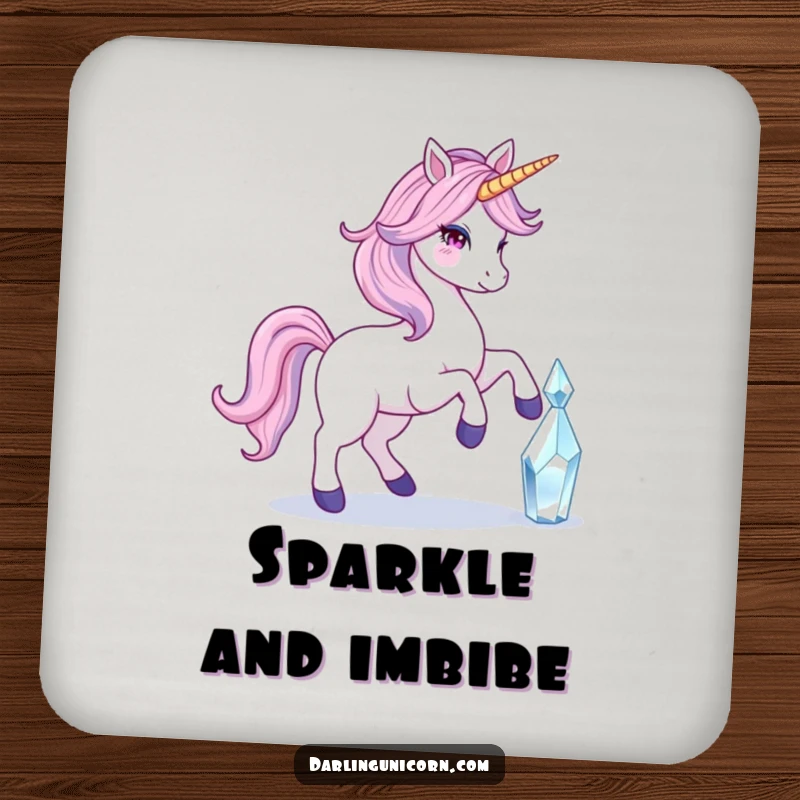Funny coaster featuring a unicorn with a flowing tail touching a crystal, adding a touch of magical elegance to drink protection.