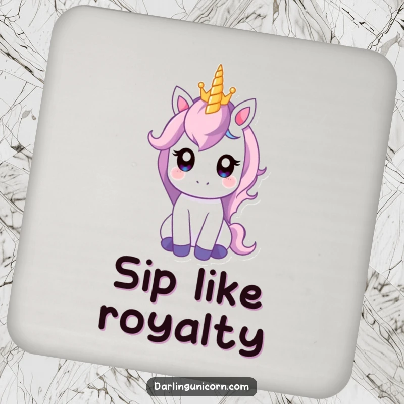 Funny coaster featuring a gentle unicorn balancing a tiny crown on its horn, adding a touch of regal humor to drink protection.