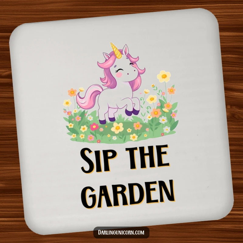 Funny coaster featuring a joyful unicorn galloping through a field of glowing flowers, adding a touch of floral fun to drink protection.