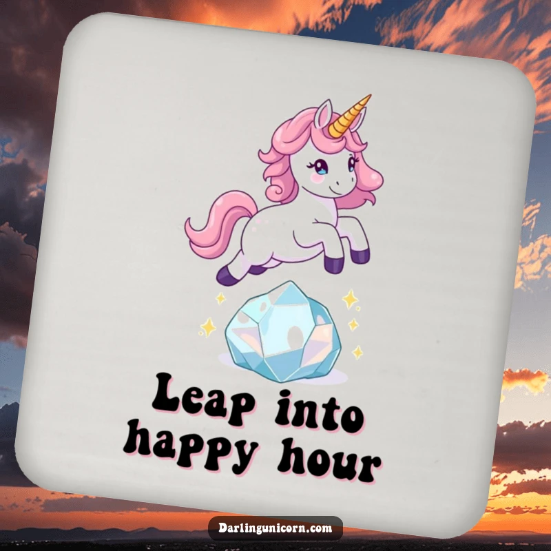 Funny unicorn drink coaster depicting a playful unicorn leaping over a sparkling crystal, adding playful charm and protection.