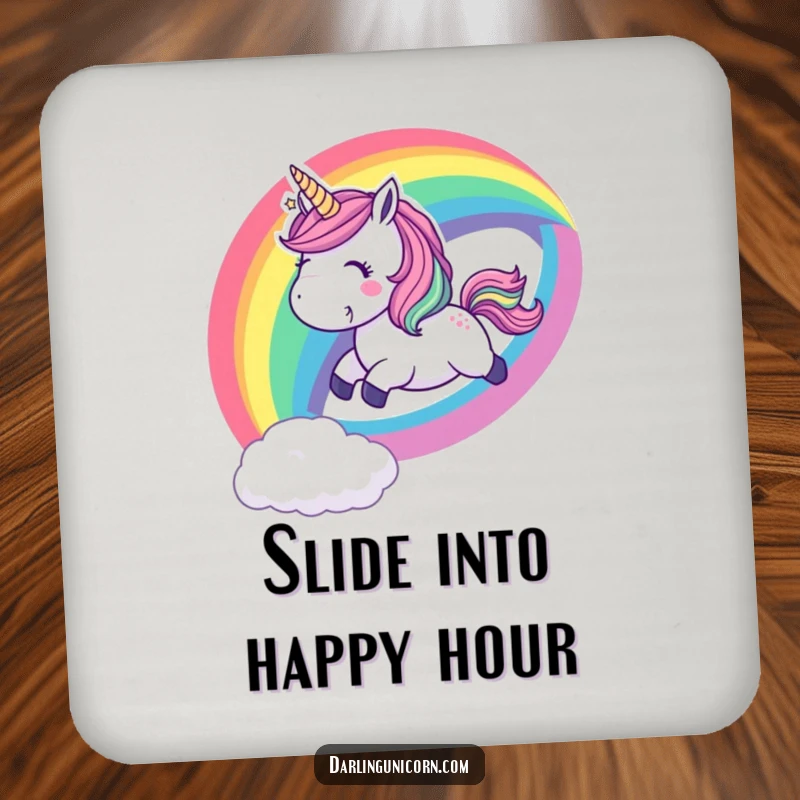 Funny coaster with a playful unicorn sliding down a vibrant rainbow with a cheerful whoop, protecting surfaces with vibrant fun.