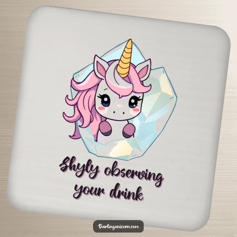 Funny coaster with a shy unicorn peeking out from behind a large, translucent crystal, protecting surfaces with magical allure.