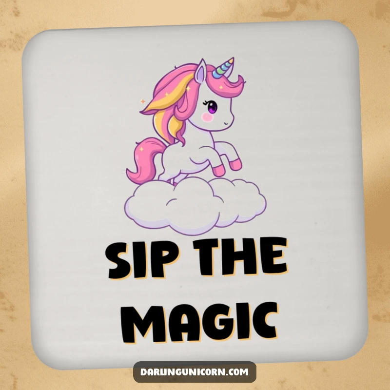 Funny coaster featuring a sparkling unicorn with a rainbow mane jumping over a cloud, adding a magical and humorous element to drink protection.