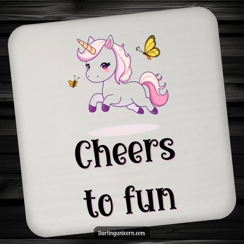 Funny drink coaster featuring a unicorn joyfully playing tag with a butterfly, adding playful charm to any table setting.