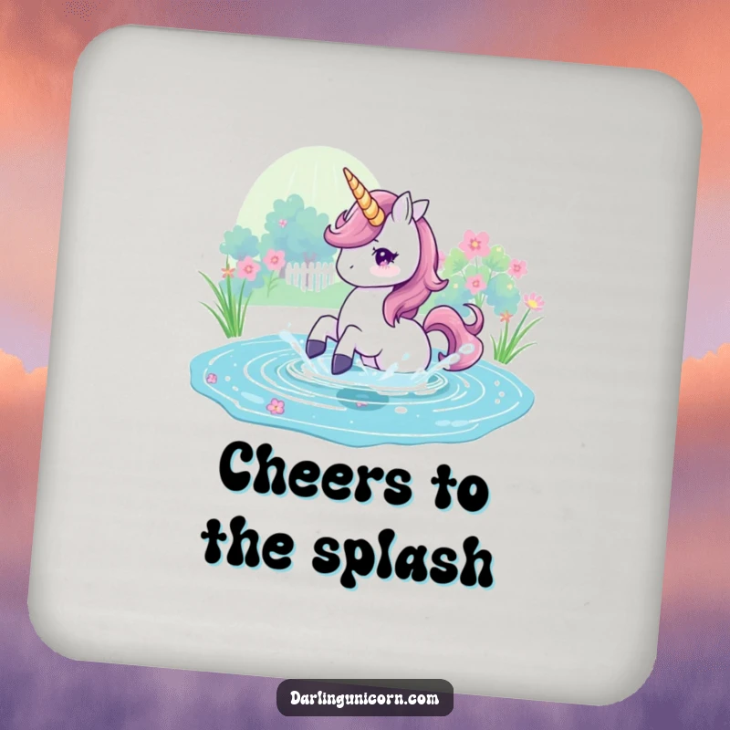 Funny Drink Coaster with a unicorn playfully splashing in a magical pond, perfect for adding whimsical flair.
