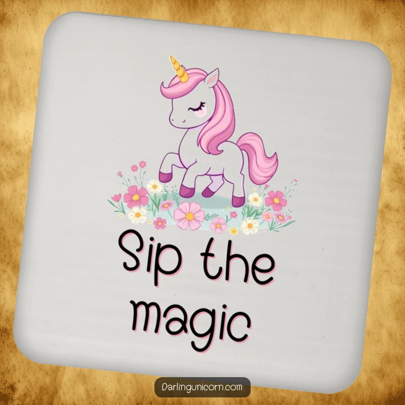 Funny unicorn prancing with a glowing horn on a field of sparkling glitter flowers, protecting surfaces with magic.