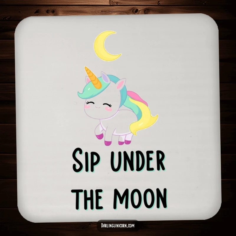 Funny Unicorn Coaster: A serene unicorn gazes at a crescent moon, protecting tables with peaceful charm.