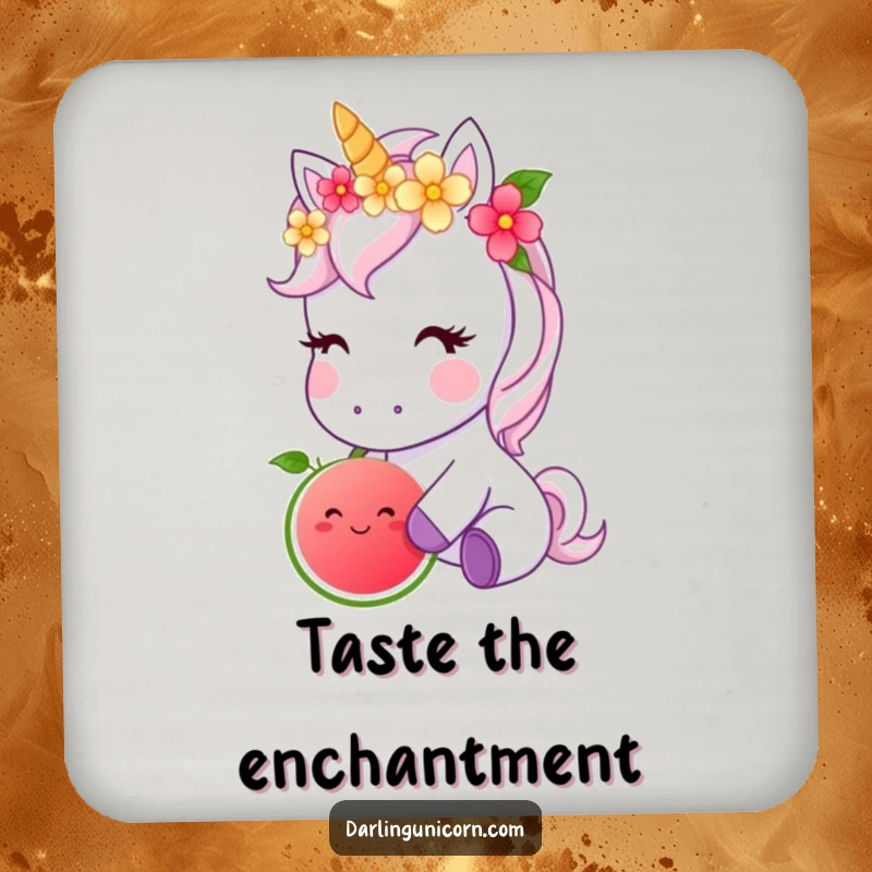 Funny coaster displaying a cute unicorn with a flower crown, nibbling a magical fruit, adding floral enchantment and protection.
