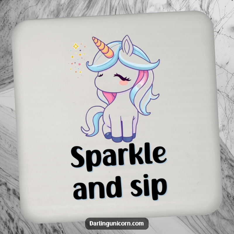 Funny unicorn drink coaster with a unicorn showering glitter from its horn, protecting surfaces with magic.