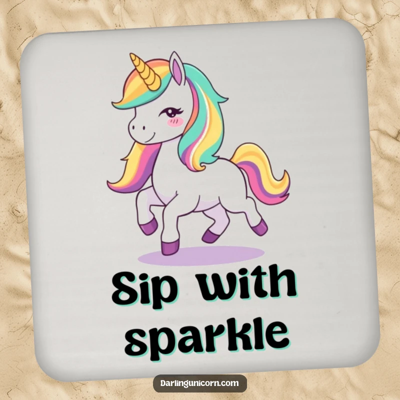 Funny Unicorn Joy Drink Coasters: A set of coasters featuring a unicorn with a rainbow mane prancing with joy, adding magical protection and whimsical charm to tables.
