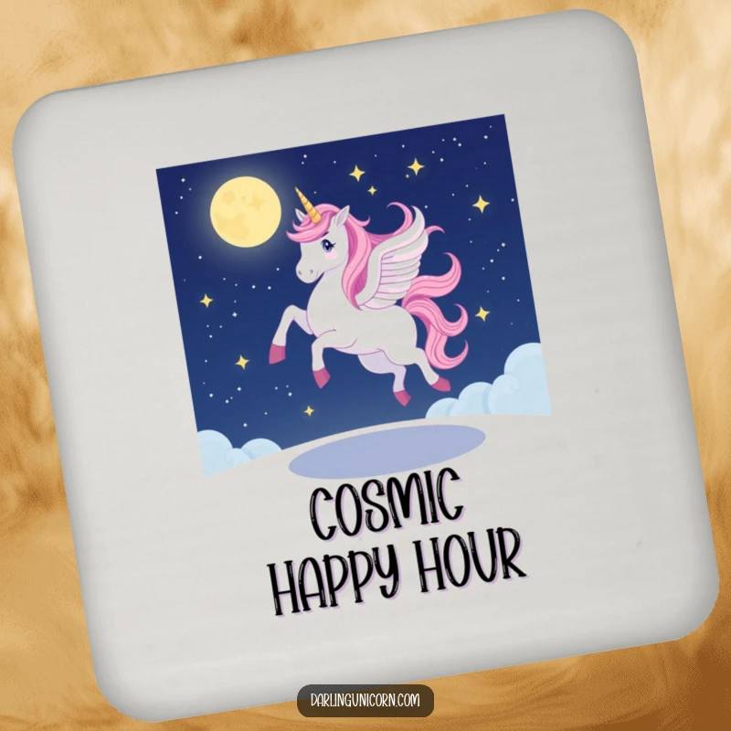 Funny unicorn coaster depicting a unicorn doing a graceful, wobbly pirouette on a starlit night, offering protective charm with magical whimsy.