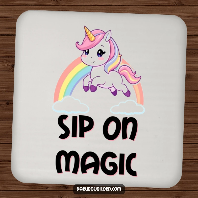 Funny unicorn coaster with a cheerful unicorn leaping over a rainbow, offering playful protection against drink rings with magical charm.