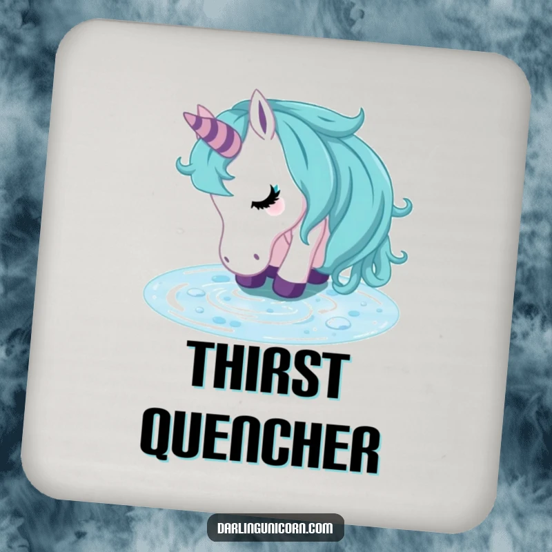 Funny unicorn coaster depicting a refreshed unicorn drinking from a crystal clear stream, offering peaceful protection with a touch of serene magic.