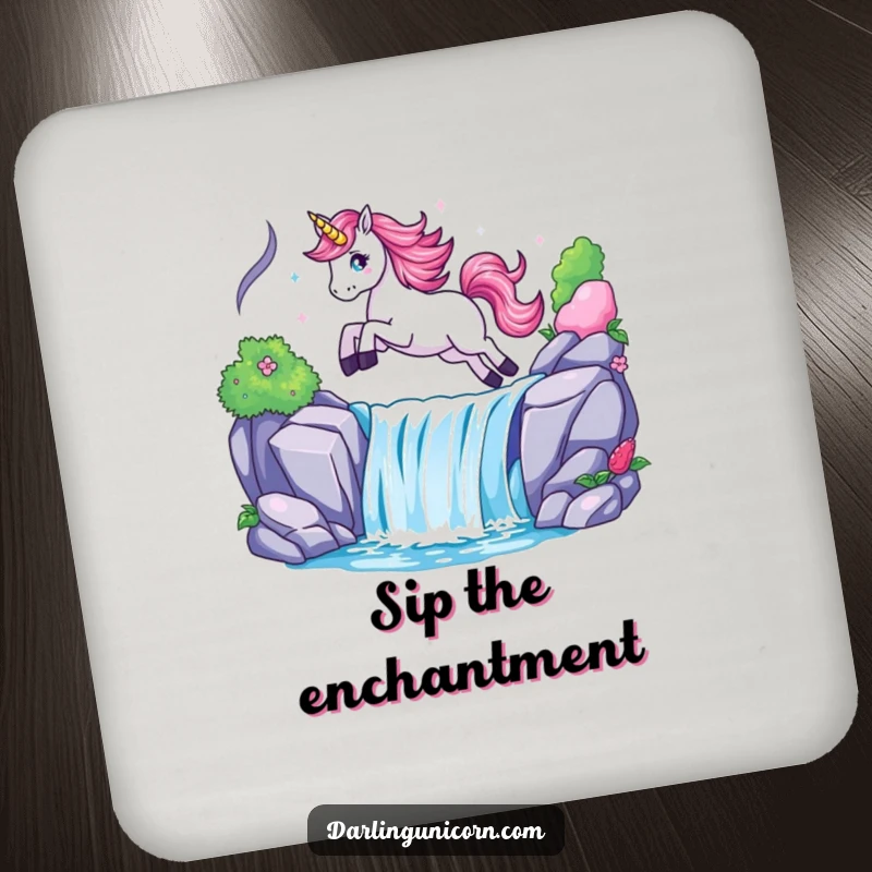 Funny coasters featuring a unicorn leaping energetically over a sparkling waterfall, adding magical flair and protection.
