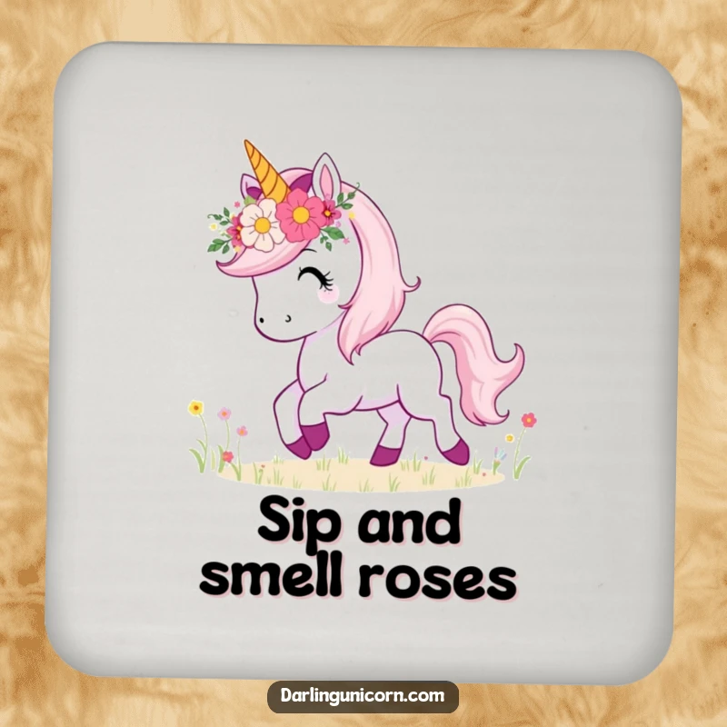 Funny drink coaster featuring a unicorn with a flower crown, happily prancing in a meadow, adding a touch of nature.