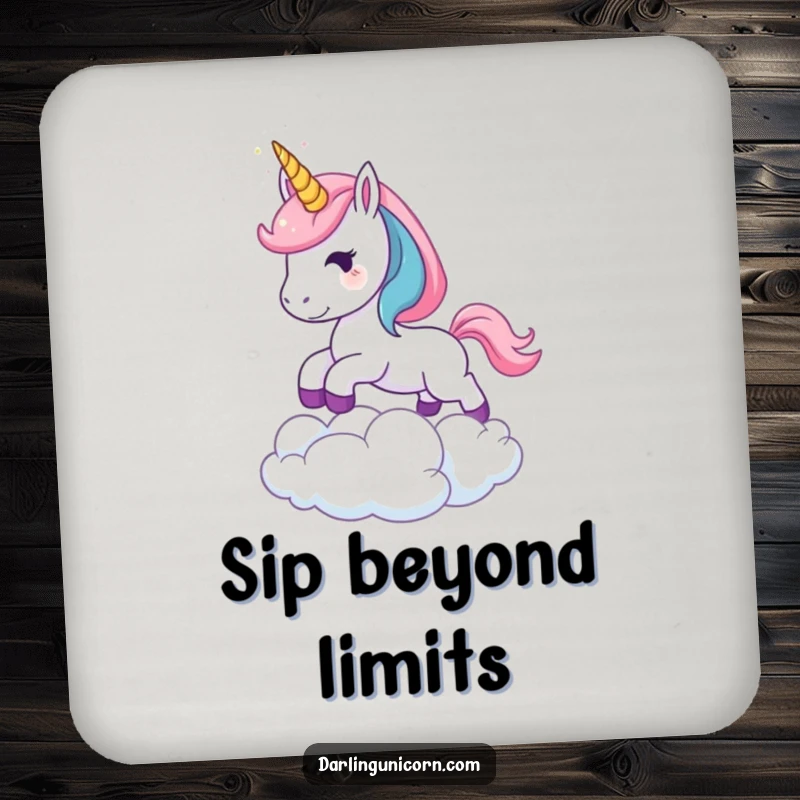 Funny Leaping Unicorn Drink Coasters: A set of coasters featuring a unicorn with a sparkling horn leaping over a cloud, adding magical protection and whimsical charm to tables.