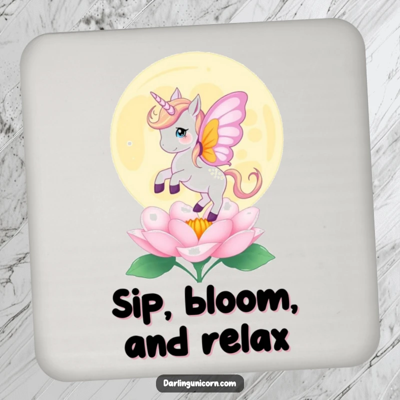 Funny coaster with a unicorn with butterfly wings gently landing on a blooming moonflower, protecting surfaces with delicate charm.