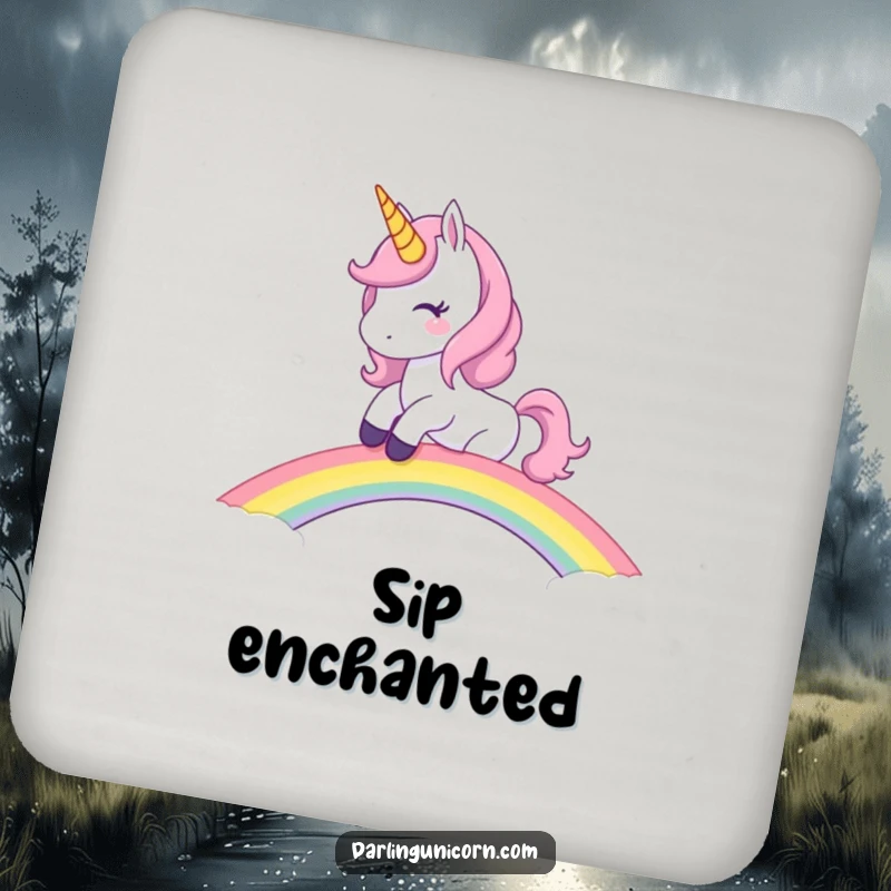 Funny Unicorn Coasters: Mischievous unicorn riding a rainbow bridge with a wink, protecting surfaces with magical humor.
