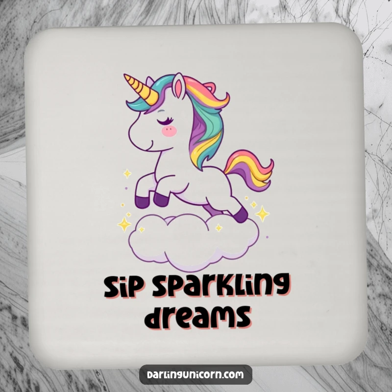 Funny drink coaster showcasing a cute unicorn with a rainbow mane leaping joyfully over a sparkling cloud, with magical flair.