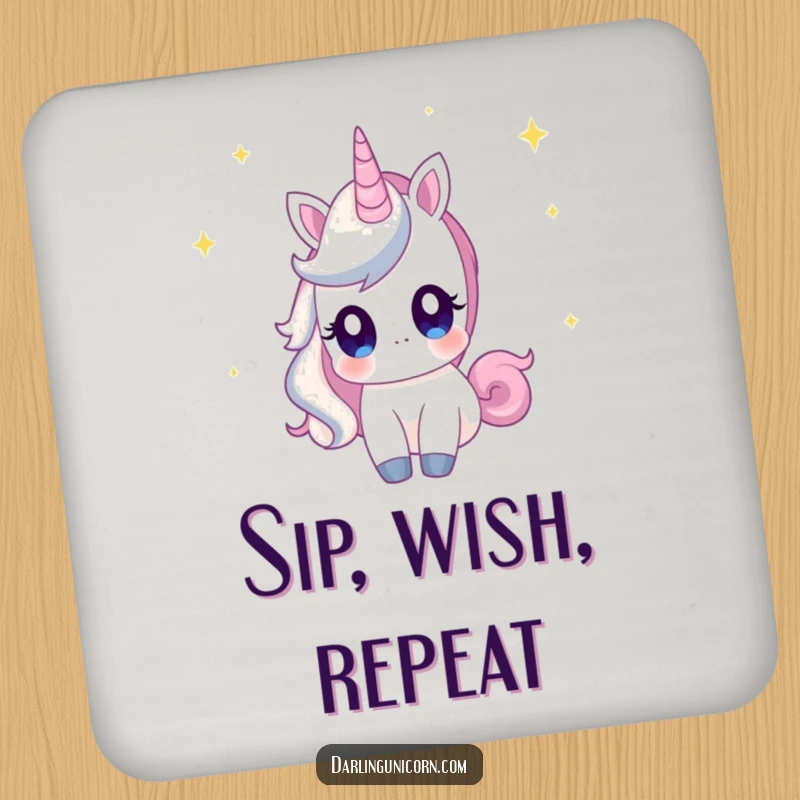 Funny drink coaster featuring a unicorn with curious eyes, gazing at shooting stars, adding celestial charm to any table.
