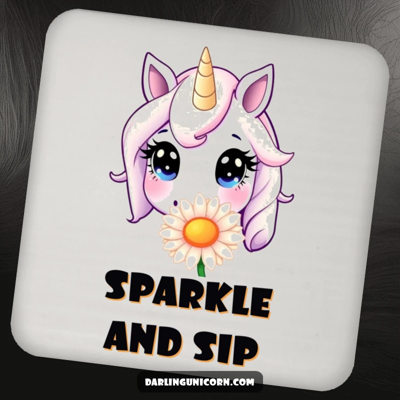 Funny Coaster: An innocent-eyed unicorn is humorously depicted sniffing a giant daisy, adding charm to drink protection.