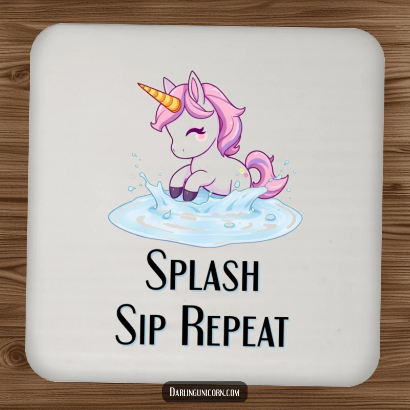 Funny Unicorn Coaster: A unicorn playfully splashes in shimmering liquid, protecting surfaces with fun flair.