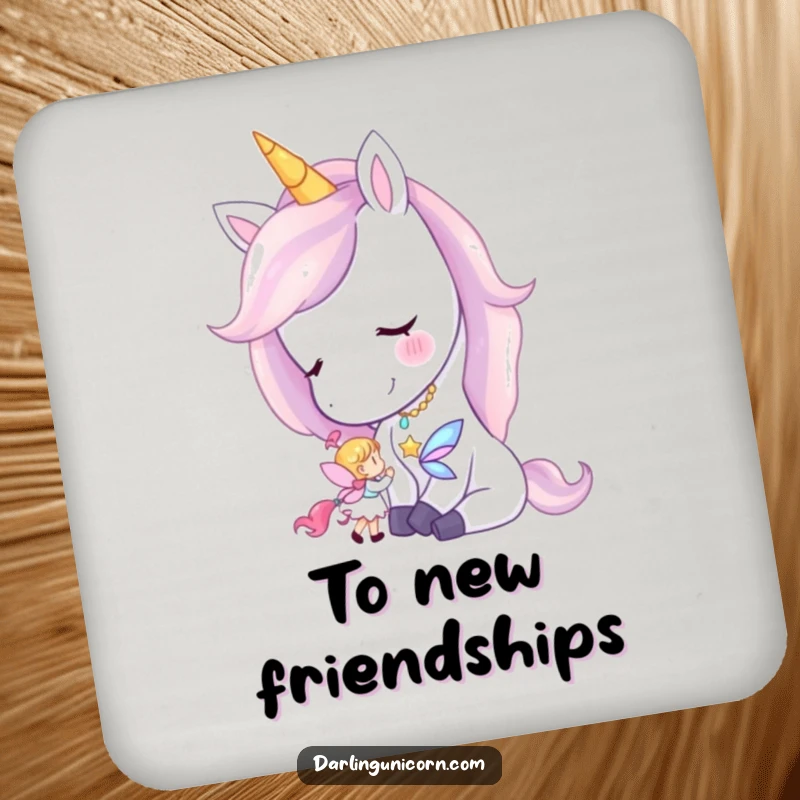 Funny coasters featuring a unicorn gently nuzzling a small fairy, adding magical flair and surface protection.
