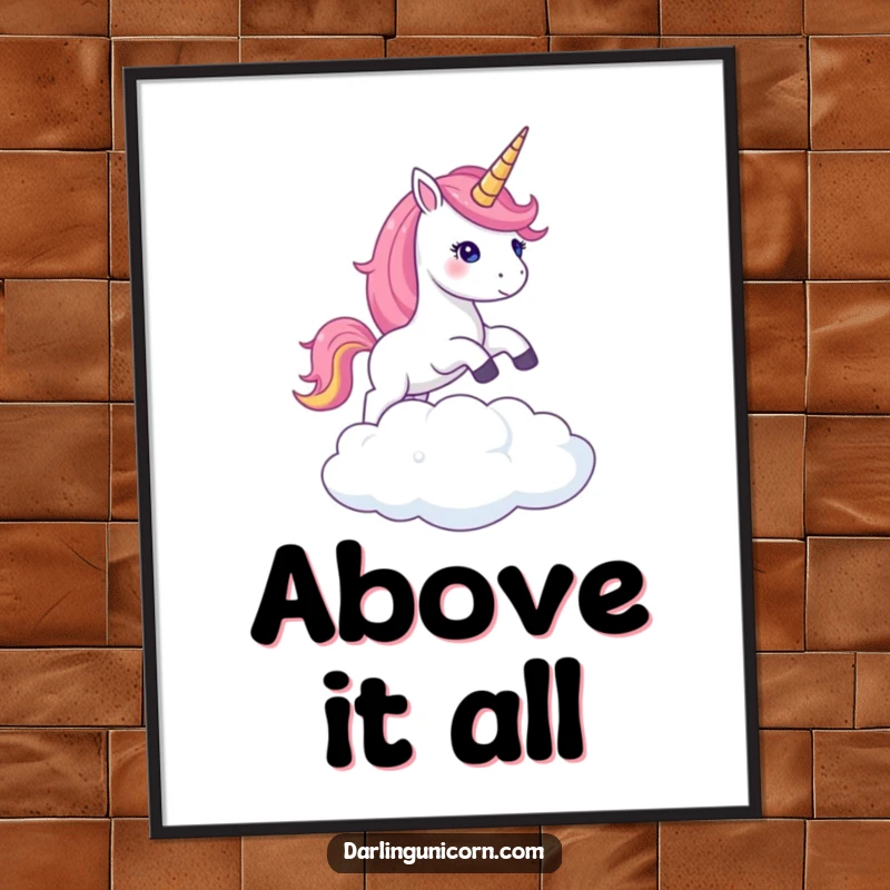 Funny poster art of a unicorn with a brilliantly shimmering horn mid-air, leaping gracefully over a fluffy cloud, creating pure magic.