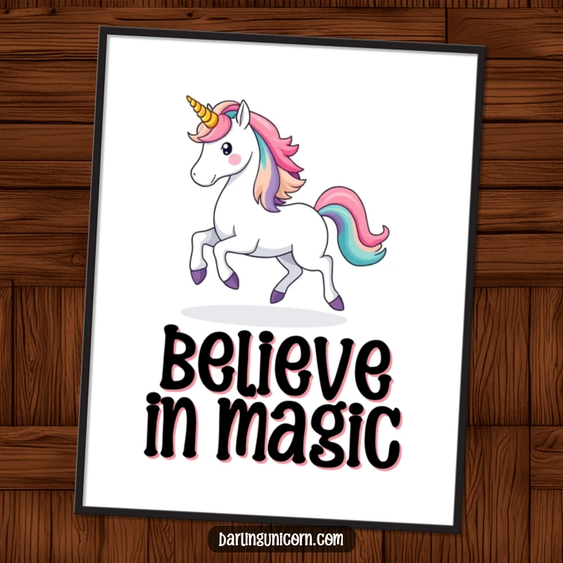 Funny Unicorn Rainbow Poster: A majestic unicorn prances, leaving a vibrant rainbow trail, bringing whimsical magic and humor to wall art.
