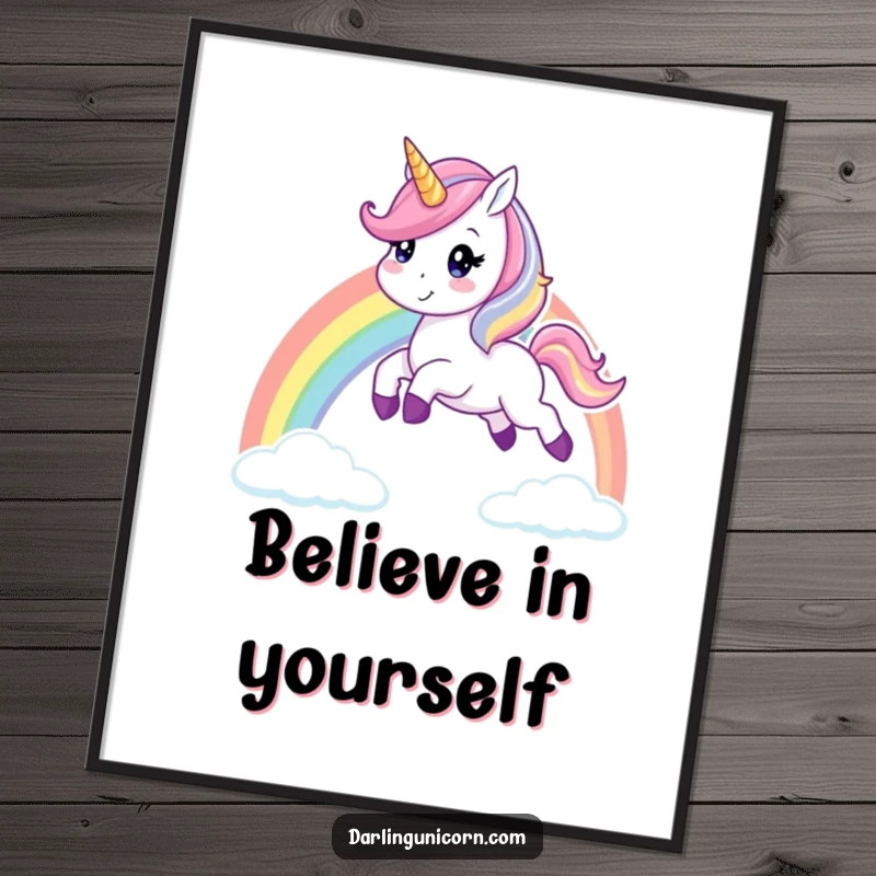 Funny unicorn poster featuring a cheerful unicorn leaping high over a vibrant rainbow, a whimsical piece of art for magical and happy homes.