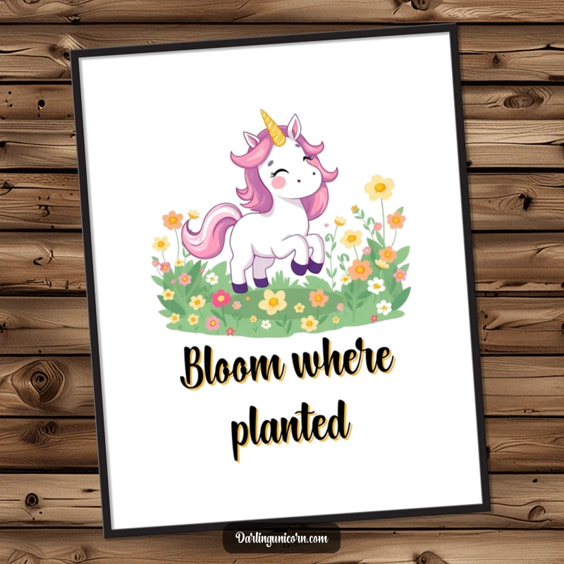 Funny poster print of a joyful unicorn with a happy expression galloping through a field of bright, luminous flowers, radiating pure bliss.