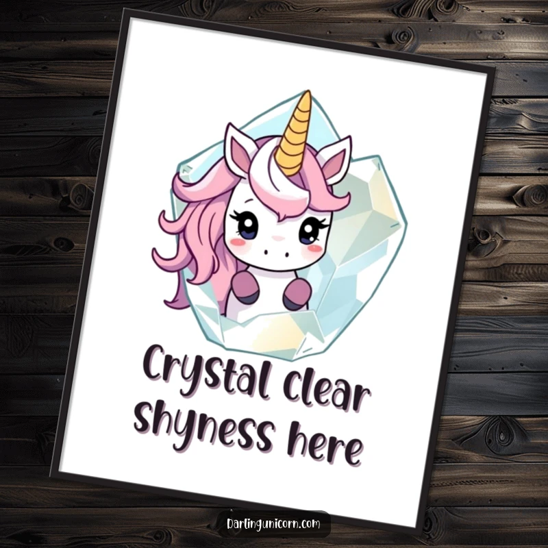 Funny poster of a shy unicorn peeking out from behind a large, translucent crystal, evoking a sense of magical mystery.