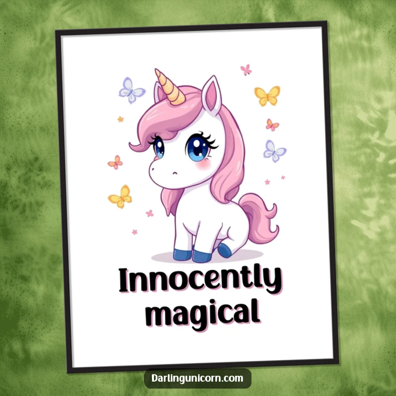 Cute poster art of a unicorn with innocent eyes captivated by fluttering butterflies, exuding peace and wonder.